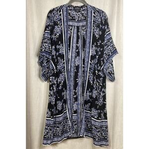 Angie Black White Blue Floral Print Loose Fit Open Front Kimono Cardigan Medium